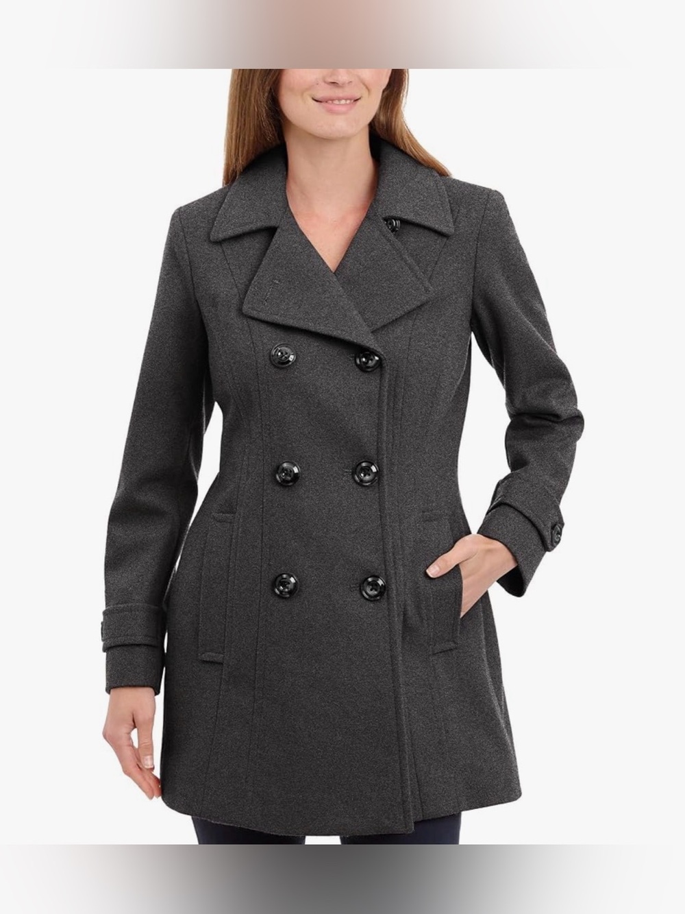 Anne Klein Charcoal Gray Double-Breasted Wool Peacoat